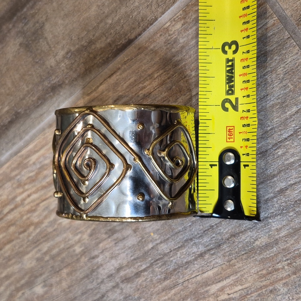 Hammered Non-magnetic Ornate Detail Silver & Goldish Bronze Tone Cuff Bracelet - Picture 5 of 5